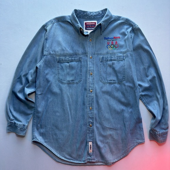 VTG 96 Olympics Shirt Mens Large Blue Chambray ATL Nations Bank ATL USA CYRK EUC